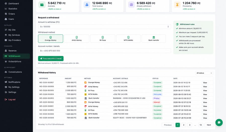 Retraits Mobile Money sur une plateforme de boostage